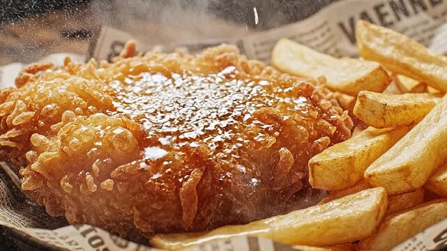 Steaming Hot and Crispy Deep Fried Fish and Chips Served on Classic Newspaper Wrapping, Close-up Macro View of Golden Battered Seafood and Thick Frenc