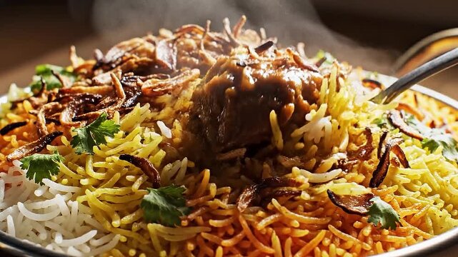 Luxurious close-up of fragrant Chicken or Mutton Biryani being served with a shiny silver spoon, garnished heavily with crispy fried onions and fresh 