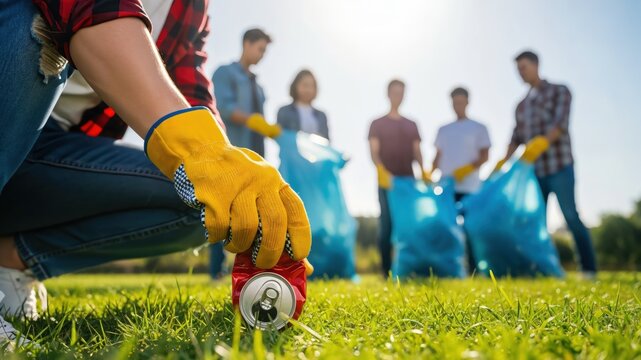 A Group of Young Adults Collecting Litter in a Park During a Community Clean-Up Event: Focus on a Male Volunteer in Yellow Gloves Picking Up Trash