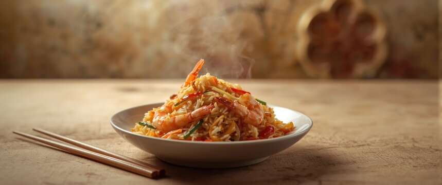 Traditional Chinese dish: Yangzhou fried rice with egg and fresh prawn, Asian style