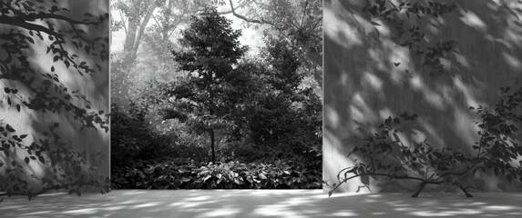 Fototapeta premium Backdrop of abstract shadows including gray leaves, real trees reflecting concrete walls, fallen branches on white walls, and black and white wallpaper
