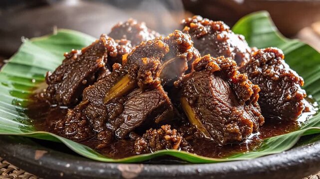 Rich Indonesian Rendang Daging Sapi: Slow-Cooked Caramelized Beef Stew Served Hot on a Fresh Banana Leaf for an Authentic Southeast Asian Culinary Exp