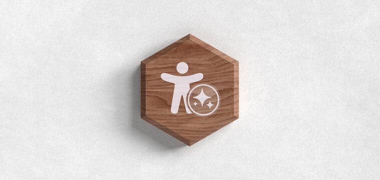 KI Barrierefreiheit Mensch Icon Holz Hintergrund mit Sparkles K&uuml;nstliche Intelligenz Inklusion Unterst&uuml;tzung Header f&uuml;r soziale Themen Assistenz Technologie und Teilhabe Ethik Hilfe