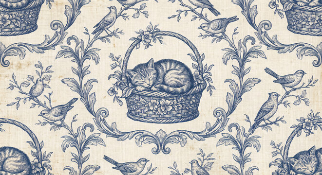 Vintage blue toile de jouy seamless pattern featuring a sleeping cat in a flower basket and songbirds on branches. Classic hand-drawn rustic aesthetic on a textured linen paper background.