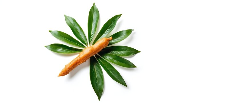Green leaves and turmeric rhizome isolated on white background with clipping path