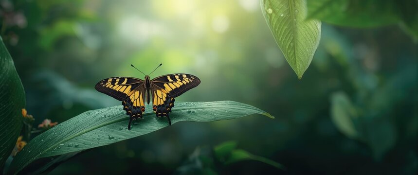 Malachite butterfly wingspan view in the wild, highlighting its colorful and black patterns