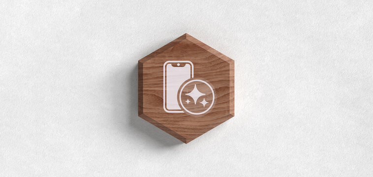 KI Smartphone Mobile App Icon Holz Hintergrund mit Sparkles K&uuml;nstliche Intelligenz Handy Technologie Smart Device Header f&uuml;r mobile Anwendungen Internet Kommunikation Vernetzung