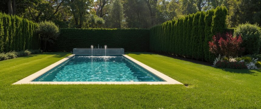 Private Gunite pool on a summer day surrounded by tall hedges in the Hamptons