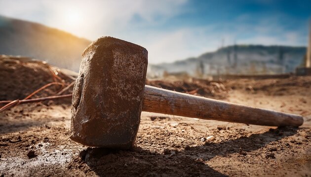 close up of a well used sledgehammer covered in mud and dirt outdoors