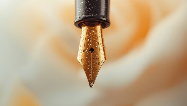 Detailed view of a dew-covered pen nib, highlighting micro-damage risk on metal surfaces, suitable for UI backdrop