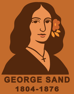 vector Portrait of George Sand. a woman with a flower in her hair on an orange background, the inscription &ldquo;GEORGE SAND 1804-1876", vintage flat design, homage to the literary character.