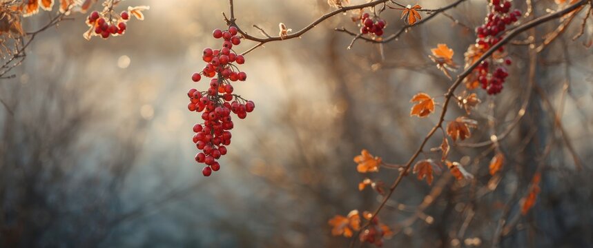 Branches with red mountain ash berries during fall
