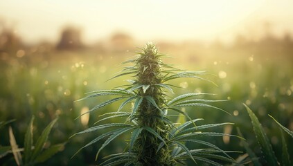 Healthy cannabis plant in outdoor setting with vibrant green foliage, focusing on sustainable hemp oil production