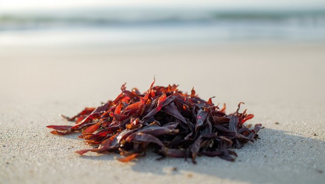 Seaweed with brown hue resting on white sand, highlighting marine plant habitats, World Oceans Day