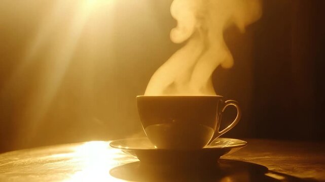 A backlit teacup with rising steam, gold light, on a saucer, dark background