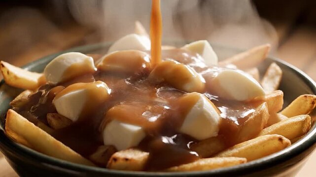 Cinematic close-up of rich brown gravy being poured onto golden French fries and melting white cheese curds in a dark bowl, traditional Canadian Pouti