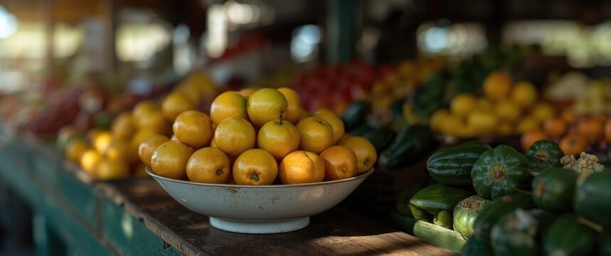 Market stall featuring a bowl of ambarellas (jew plums) in close-up