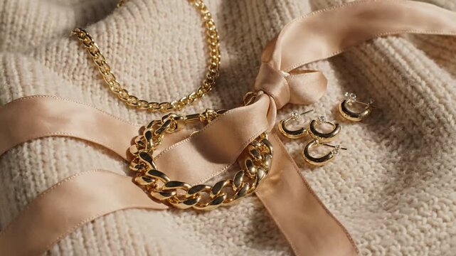 Close-up view of elegant gold jewelry with a pink satin ribbon on a cozy knitted fabric background showcasing luxury accessories