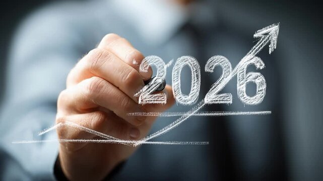 Businessman in blue shirt drawing upward arrow and "2026" on transparent whiteboard, symbolizing growth, success, and new year goals. Motivational corporate vision on gray gradient background