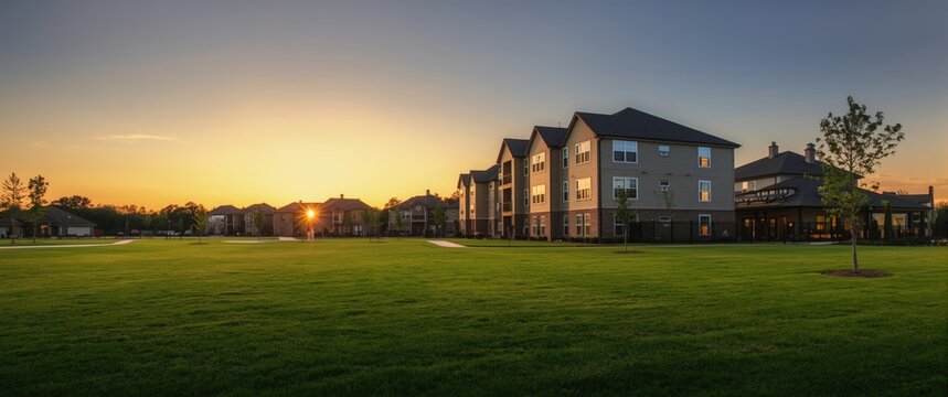 Suburban apartment complex backyard in Humble, Texas, captured in sunset with a panoramic perspective and grassy surroundings