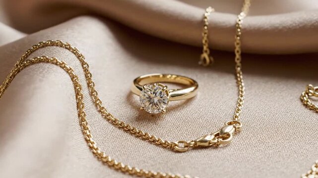 Elegant gold jewelry collection featuring sparkling diamond rings and delicate chains displayed on soft fabric background