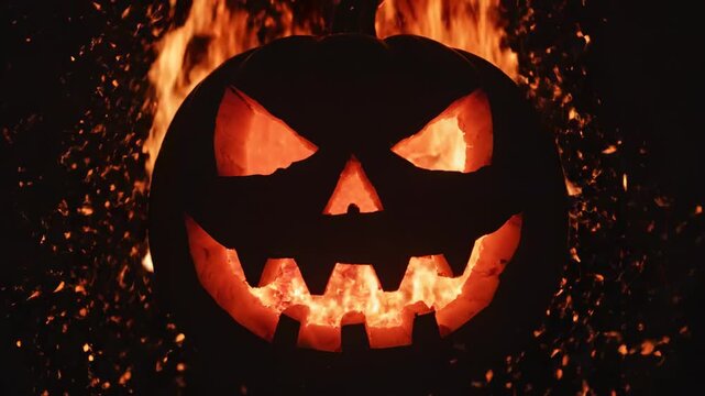 Seamless loop of a jagged silhouette jack-o'-lantern surrounded by swirling glowing orange and red embers floating through the infinite abyss of darkness halloween, abstract, Seamlessloop