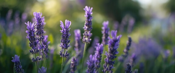 Detailed image of lavender with purple, elongated blossoms and lush green leaves, showcasing different shades of purple and a blurred garden setting