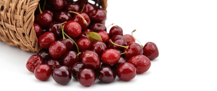 Wickerbasket filled with fresh cornel berries isolated on white