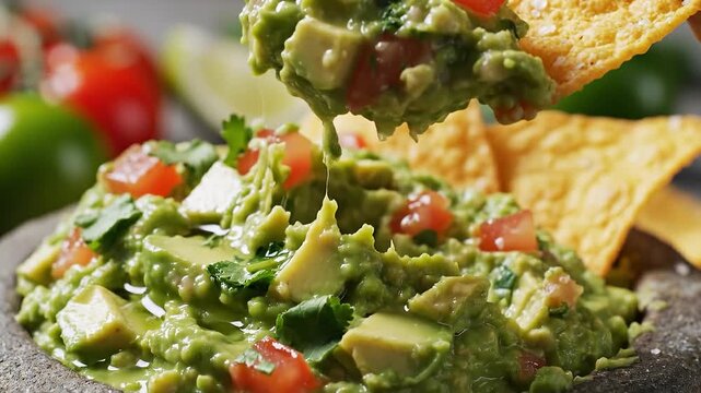 Extreme close-up of chunky, fresh guacamole served in a traditional stone molcajete bowl, featuring bright diced tomatoes, cilantro, and olive oil dri