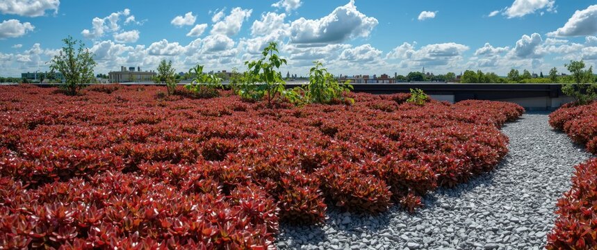 Red sedum plants on a gray gravel roof garden