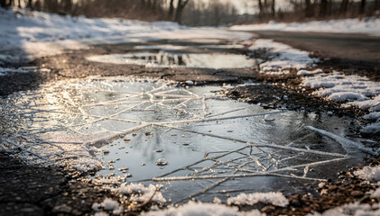 Obraz premium Intricate Ice Patterns Reflect Sunlight on Winter Road: A Frozen Puddle's Geometric Design Captures the Beauty of a Cold Day on Pavement at Ground Level View