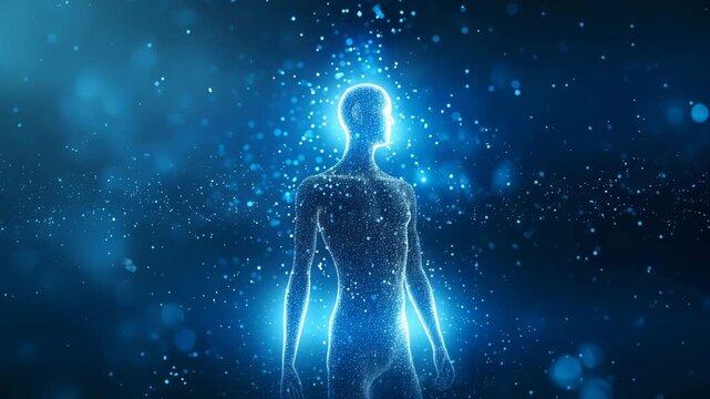 光の粒子で形成された抽象的な人物像　未来・デジタル・自己超越・メディカルのイメージ動画