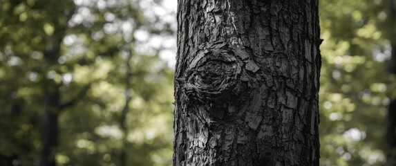 Fototapeta premium Black and white image focusing on a tree trunk's textured bark showing age and growth patterns