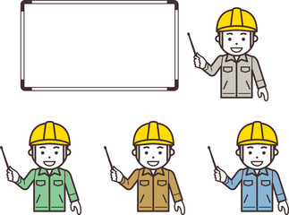 指し棒を持った黄色のヘルメットと作業服の男性とホワイトボード
