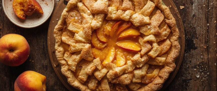 Freshly baked homemade peach charlotte pie with juicy peach halves, rustic setting, close-up shot