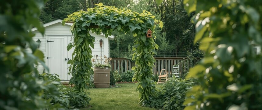 Climbing beans at different stages of growth on beanstalks near a white garden shed, butterfly hotel, tools, and rain barrel