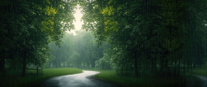 Beautiful summer rain pouring over a forest filled with green trees