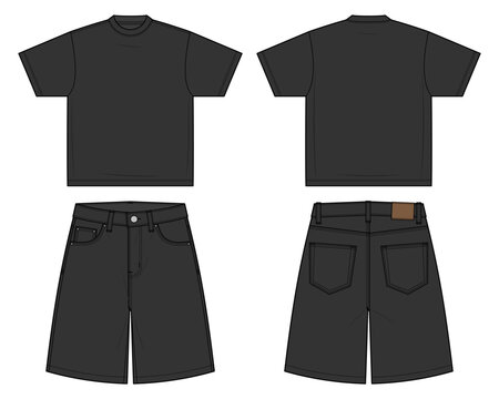 Minimal Oversized Tee and Utility Shorts Technical Fashion Illustration. Gender-Neutral Streetwear Set with Structured Boxy Silhouette. Front and Back Views. CAD Vector Mockup.