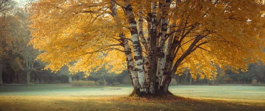 Birch trees in autumn with yellow and green leaves in a park, blurred background before winter - vintage retro appearance