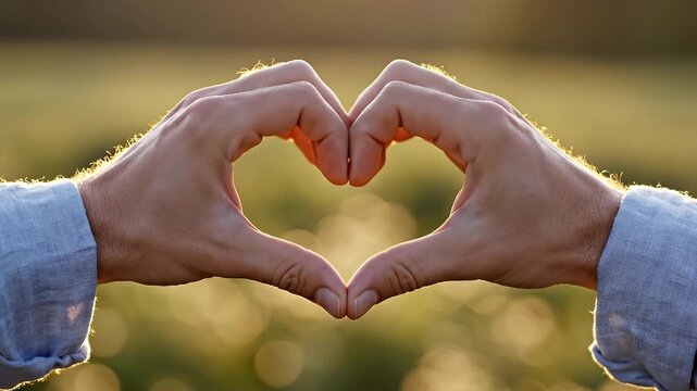 Heart Shape Made with Hands - A close-up shot shows a person making a heart shape with their hands against a blurred, sunlit background.