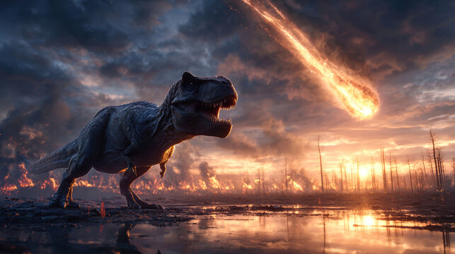 Tyrannosaurus rex stands in fear as a meteorite falls from the sky, igniting a forest in flames, with reflections in a river against a dark backdrop