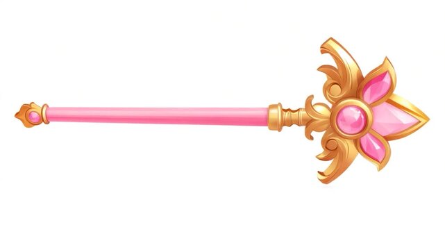 A detailed cartoon illustration features a pink and gold magical scepter on a white background