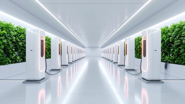Electric Vehicle Charging Station: A sleek, modern charging station, symbolizing the future of eco-friendly transport, with rows of charging points creating a sense of sustainable progress and design.