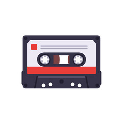 Obraz premium Vintage cassette tape with reels and label, colorful vector flat style illustration