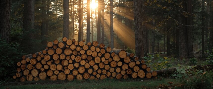 Sunset scene with freshly cut tree logs stacked in the forest, showcasing pine logs ready for transport. Emphasizes illegal logging's damage to the environment and wood harvesting processes.