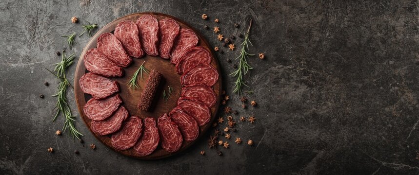 Armenian basturma with spices and herbs, smoked and sliced on a dark concrete background