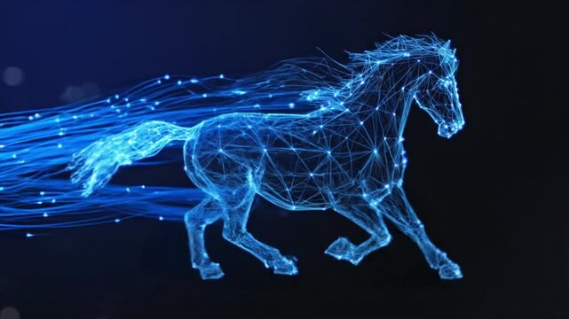 A futuristic digital representation of a galloping horse in motion, showcasing dynamic lines and dots against a dark background