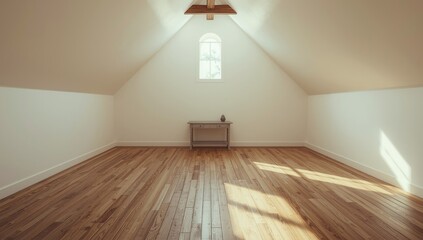Naklejka premium Attic room featuring uniform white walls and natural wood floors, serving as a quiet retreat, World Environment Day