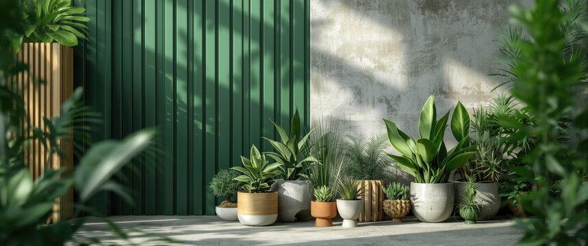Modern home garden arrangement showcasing lush plants, cacti, succulents, and air plants in decorative pots, complemented by a green wall paneling