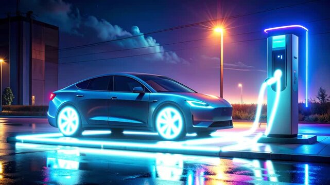 Electric Car Charging: Futuristic electric car refuels at a charging station at night, illuminated by neon lights, showcasing the evolution of transport.